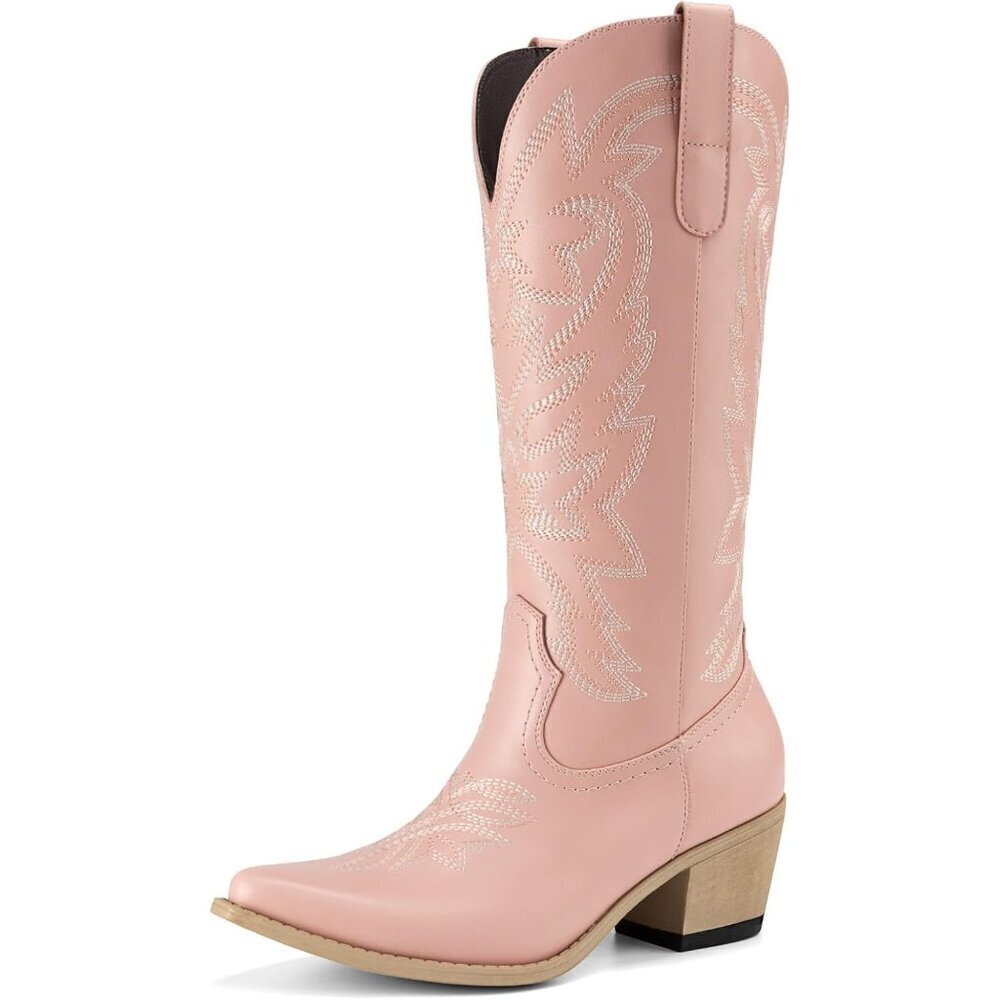 Women Pink Western Mid Calf Boots Snip Toe Embroid Low Chunky Heel Fashion